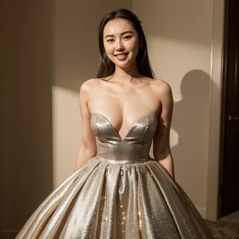 Jessica Henwick in a sparkly strapless dress with a v-neckline smiling happily