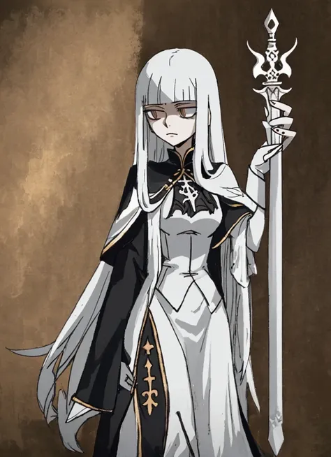 A tall girl with white long hair, black witch clothes and a dagger