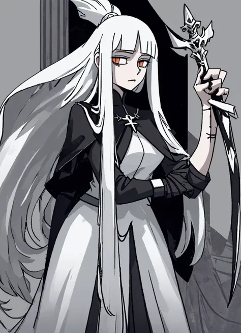 A tall girl with white long hair, black witch clothes and a dagger