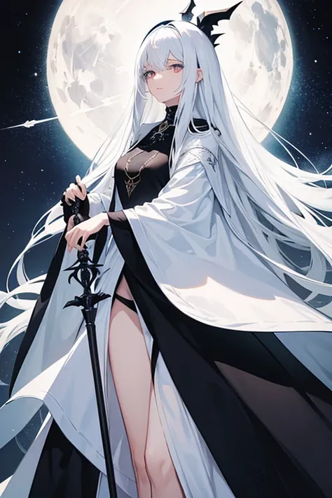 A tall girl with white long hair, black witch clothes and a dagger