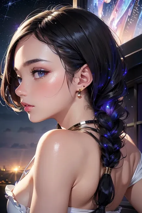 (muste piece:1.3), high resolution, （night sky:1.4）、(Shot from the side:2.4)、(Looking up at a shiny object:1.4)
, Highly detailed CG unity 8k wallpaper, Reality, photorealistic, Raw photo, beautiful detailed face, detailed cloth texture, detailed hair text...