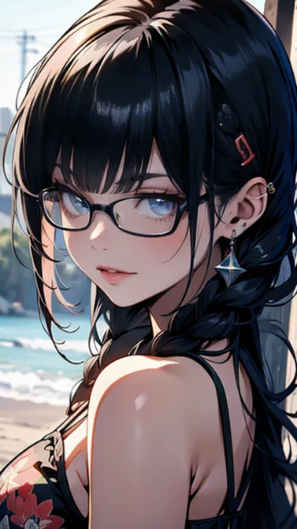 hanekawatsubasa, hanekawa tsubasa,(smile),(with sparkling eyes and a contagious smile),her pink panty pulled by self,a 17 years old, long hair, black hair, hair ornament, (brown eyes:1.1), braid, hairclip, twin braids, glasses, pink bikini, outdoors, beach...