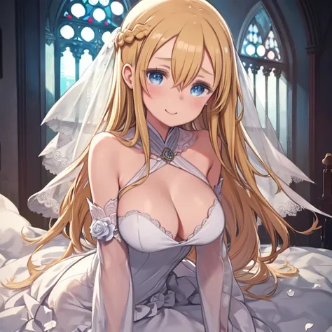 masterpiece, highest quality、Medium wide shot、1. A woman with beautiful eyeint, blue eyes, braid、Long blonde、hair between eyes)、big breasts、laughing、Wedding dress、wedding dress、flowers、church、Im thrilled、tears of gratitude、