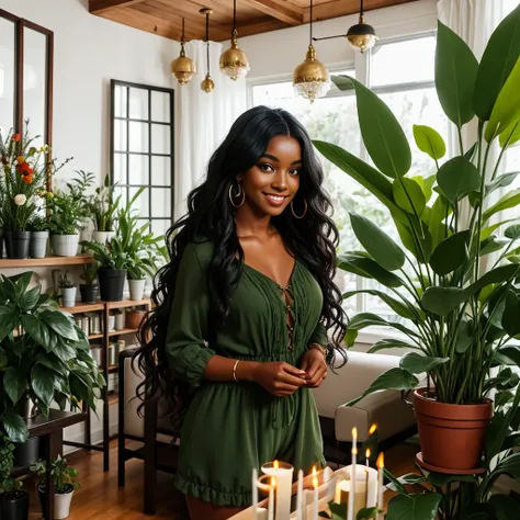 Long wavy luxurious black hair, black woman, medium brown skin tone, closed mouth smile, green romper, candles, room full of plants in big pots, flowers, living room, decor, 