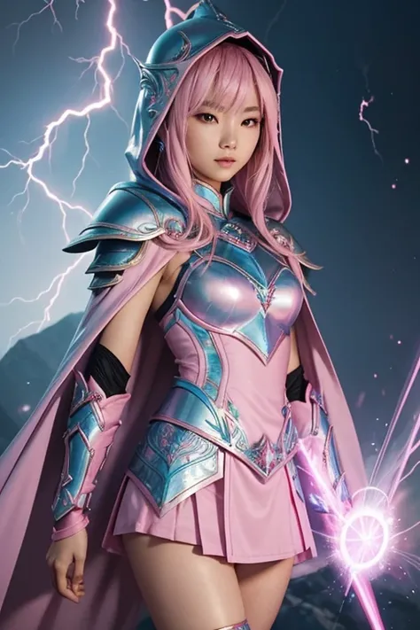 Asian Female blond dark fantasy knight wearing an intricate elaborate futuristic light blue armor with elaborated pink ornaments, blue pointed hooded tunic no helmet, pink short cape, pink short mini skirt, wearing a short staff, pink lightning, pink eclip...