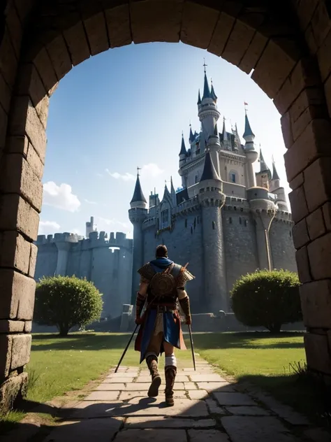 Warrior emerging from a magical portal, with a castle behind him