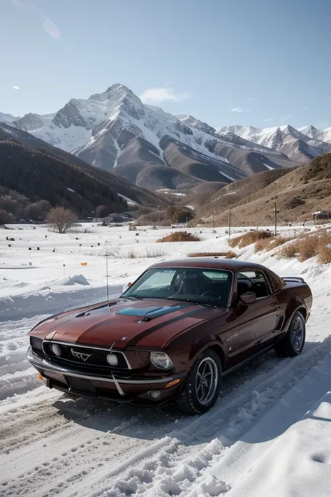 A 2015 mustang gt and a 1969 mustang boss in the mountain with snow