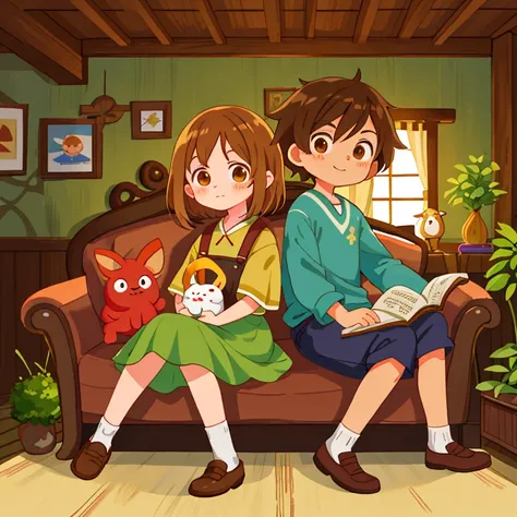 cartoon boy and girl of the same appearance, 16 years, Same height, brown-eyed, medium length brown tousled hair, sitting on a sofa in a log village house next to a fireplace, many small environmental details, intricate details, high quality textures, char...