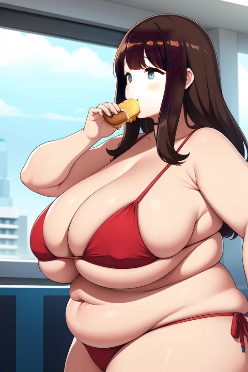 make brownhaired sbbw girl fat as posibble while she eating more fastfood in bikini