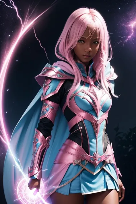 black dark skin female blond dark fantasy knight wearing an intricate elaborate futuristic light blue armor with elaborated pink ornaments, blue pointed hooded tunic no helmet, pink short cape, pink short mini skirt, wearing a short staff, pink lightning, ...