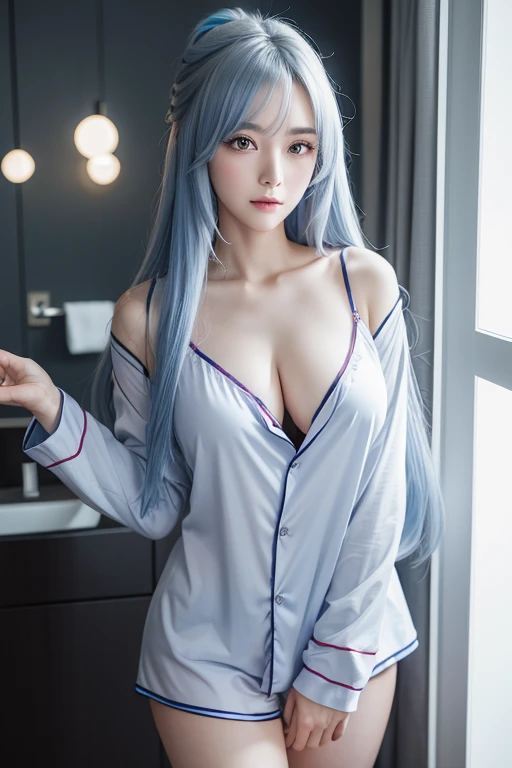 anime style、white skin、white hair、long hair、Hair with blue highlights、upward、Large and noticeable、Colorful gas expression、seductive big breasts、feminine、High-frequency detail (((sharpness)))、( (sharp focus: 1.2))、puerosface_V1: 0.7)、(8K、highest quality)、Ve...