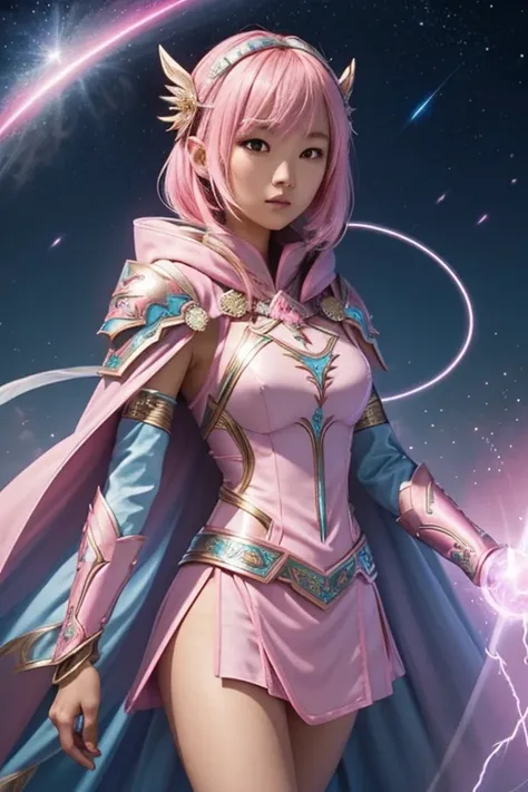 Asian female blond dark fantasy knight wearing an intricate elaborate futuristic light blue armor with elaborated pink ornaments, blue pointed hooded tunic no helmet, pink short cape, pink short mini skirt, wearing a short staff, pink lightning, pink eclip...