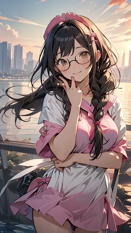 hanekawatsubasa, hanekawa tsubasa,(smile),(with sparkling eyes and a contagious smile),her pink panty pulled by self,a 17 years old, long hair, black hair, hair ornament, (brown eyes:1.1), braid, hairclip, twin braids, glasses, pink bikini, outdoors, beach...