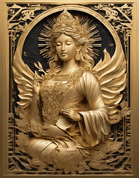 best quality, 8k, high resolution, ultra-detailed, extremely detailed, top quality, realistic, Gold Leaf Art, engraving gold leaf, Statue of Goddess, 