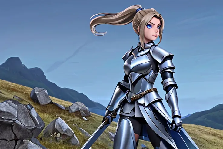 Female; dark blonde hair; short ponytail; blue eyes; silver armor; silver sword; on a hill