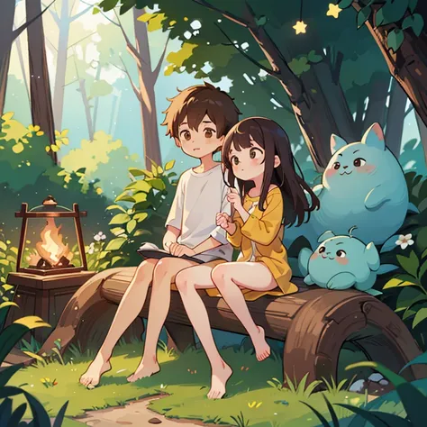 cartoon boy and girl of the same appearance(twins), 18 years, Same height, brown-eyed, medium length brown tousled hair, sitting on a log by the fire , dark forest, Stars in the sky, Free postures, loose clothing style (Minimum clothing, underwear, Half-nu...