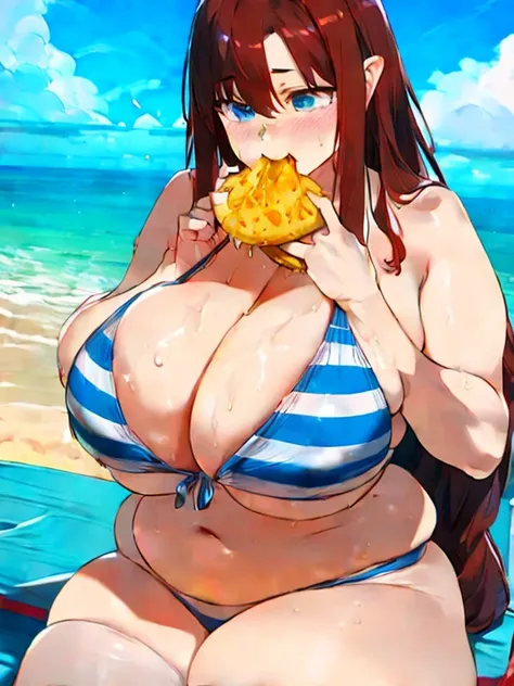 long redhaired chubby girl eat food on beach