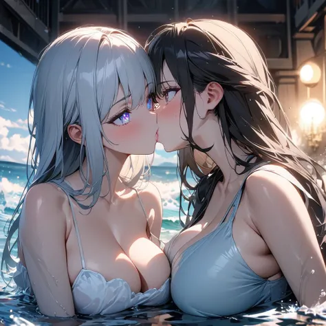 2 girls included, thin clothing, look at each other, kiss, secret, beautiful sea, Splash Water, jewel-like eyes,baby face, huge file size, super detailed, High resolution, very detailed, 最high quality, masterpiece, high resolution, High level image quality...