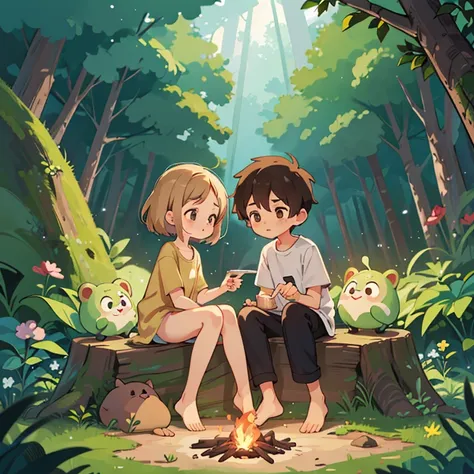 cartoon boy and girl of the same appearance(twins), 18 years, Same height, brown-eyed, medium length brown tousled hair, sitting on a log by the fire, Nighty night, Dense dark forest, Stars in the sky, Free postures, loose clothing style (Minimum clothing,...