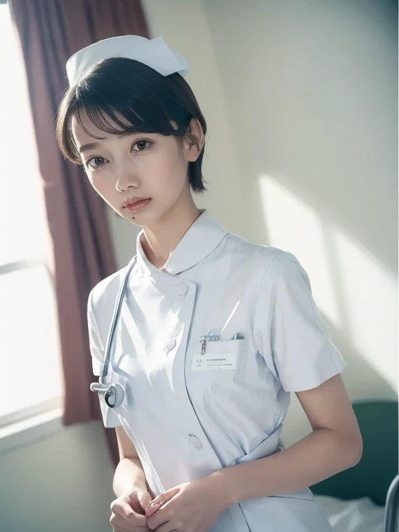 1 girl,(wearing white nurse clothes:1.2),(raw photo, highest quality), (realistic, photo-realistic:1.4), masterpiece, very delic...