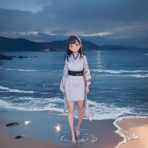 (close:1.4)、(Raw photo:1.2)、(realistic:1.4)、(masterpiece:1.3)、(highest quality:1.4)、japanese girl、(night view:1.2)、thin clothes、pretty girl、put one foot in the sea、Stand on tiptoes、landscape、Between the horizon and the sea、Side view、Ripples spreading from ...