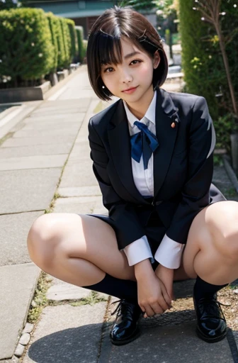 japanese woman、high school girl、short hair、garden、Selfie、spread legs、big breasts、uniform