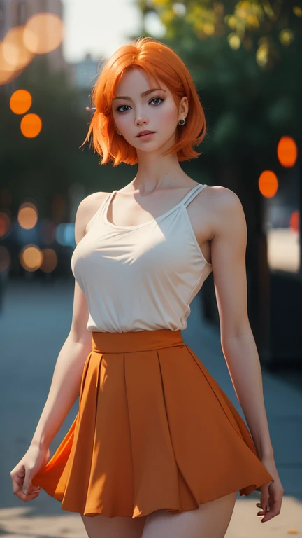 Ultra realistic, 16k, high quality, 1 girl, short light orange hair, shoulder-length pale orange hair that spreads across her left temple and is tucked behind her ear, eyes blue, bright eyes, white skin, pale skin, flushed cheeks, big tits, narrow waist, b...