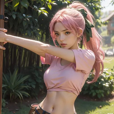 25 year old woman, european, serious face, pink hair, ponytail, brown eyes, green short shirt, holdind crossbow, stretching, Green ribbon, underboob showing