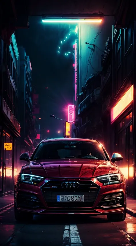 retro wave. Cidade, audi q5 2022, Kit Widebody, Rua, purple neon lights, Sol, Berg, 
(Obra de arte, Detalhado, high resolution),