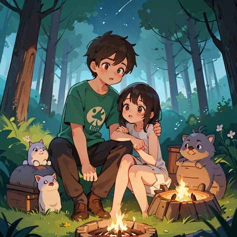 cartoon boy and girl of the same appearance(twins), 18 years, Same height, brown-eyed, medium length brown tousled hair, sitting on a log by the fire, Nighty night, Dense dark forest, Stars in the sky, camping, Free postures, (completely naked in the fores...