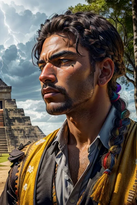 (masterpiece, highest quality, super detailed, best shadow), (detailed background, cowboy shot, null, lightning, mayan civilizat...