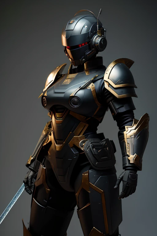 machine, automaton, military, heavy armor, robot, light armor, helmet, soldier, communist, solo, simple background, humanoid, Russian, soviet, two eyes, circular eyes, tubing, dark, sword, officers sword, feminine, flat-chested, black armor, tubing, helmet...