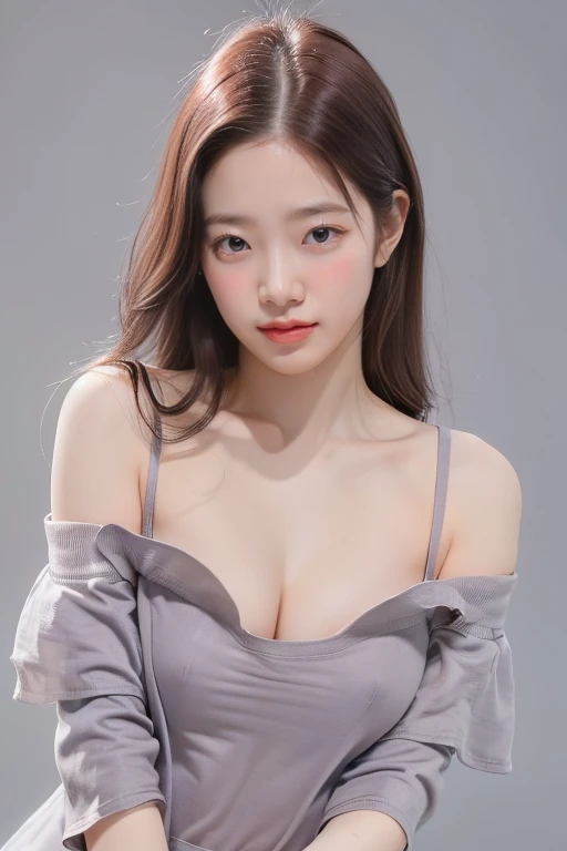 highest quality, masterpiece, ultra high resolution, (realistic:1.4), Raw photo, 1 girl aged 18, simple gray background, ((too much exposure、ballerina、I can see the cleavage、lean forward、off shoulder、nipple)), looking at the viewer