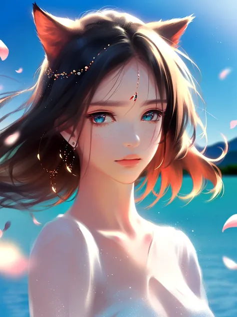 anime style, super fine illustration, highly detailed, dynamic angle, beautiful detailed, 8k, A girl is impressed by the cherry blossoms in Fuji-Hakone Izu National Park and the blue sky by the lakeside with Mt. Cherry blossom petals are dancing in the win...