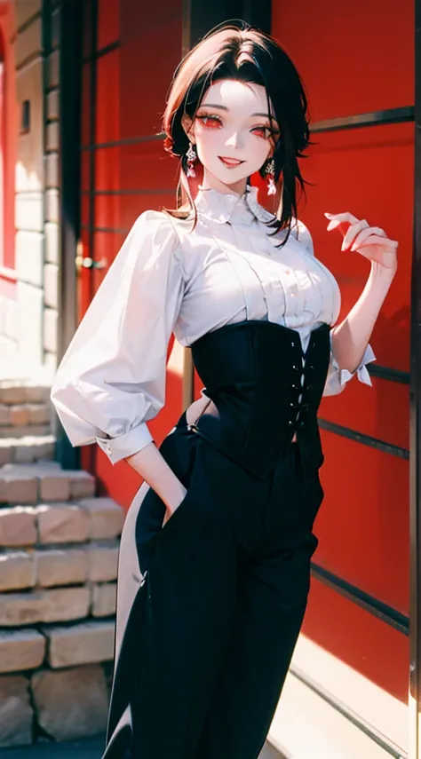 mujer adulta, pale skin, pelo largo y negro, cuernos, ojos rojos , sombra de ojos roja, pintalabios rojo,  pechos abiertos grandes, sonrisa afectada, obra maestra, alta calidad con una camisa apretada con mangas y un corset , pantalones negros , cabello la...