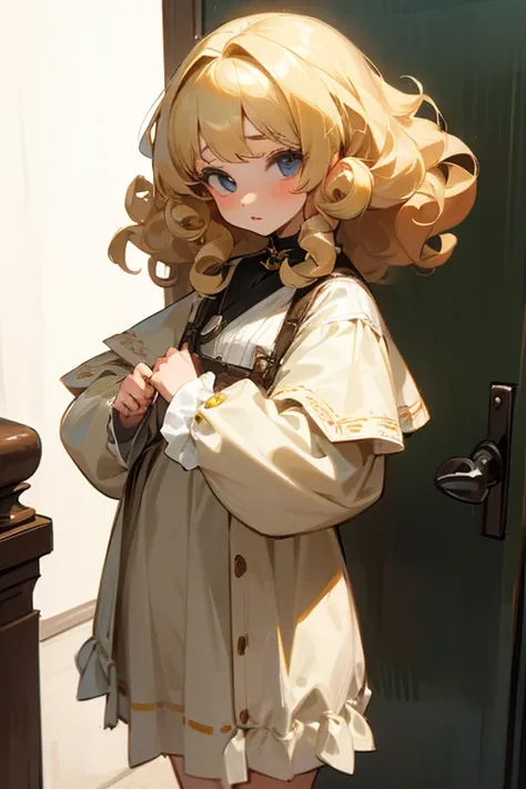 Caucasian girl with blonde curly hair, cute clothes、