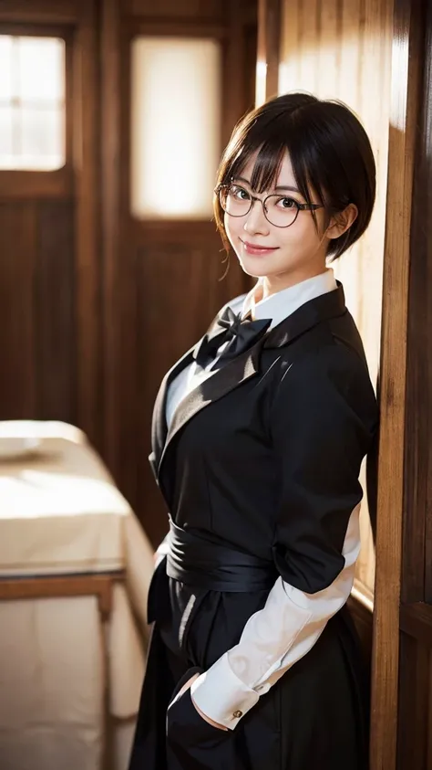 (highest quality,masterpiece:1.3,ultra high resolution),(Super detailed,caustics,8k),(photorealistic:1.4,RAW shooting),girl dressed as a butler,Japanese,boyish,smile,20-year-old,black hair short cut,glasses,looking at the camera,Inside a Western-style mans...