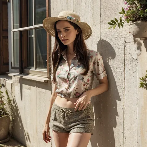 Eva Green dressed in a floral shirt and hat with wool shorts