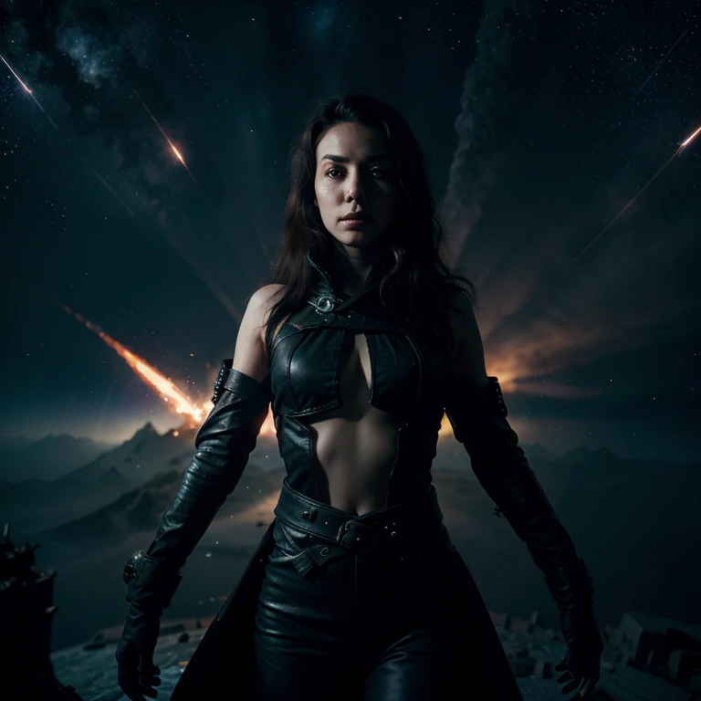 In the depths of space, a space pirate floats on a star ship, her gaze pierces the black sky, and behind her shoulders, whirlwinds of stars and flaming comets leave an ominous trail.