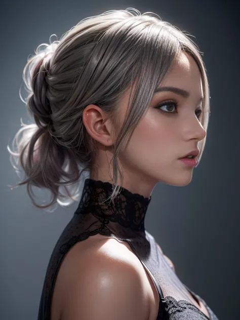 highly be familiar with, 8k, masterpiece, 1 girl, gray two tone color_hair, dress , , (perfection_face), brilliant, complex, dra...