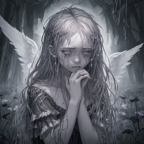 (best quality,4k,8k,highres,masterpiece:1.2),ultra-detailed,(realistic,photorealistic,photo-realistic:1.37),fallen angel,garden of sorrow,dark atmosphere,melancholic figure,teary eyes,broken wings,distant halo,angelic silhouette,torn dress,vibrant colors,e...