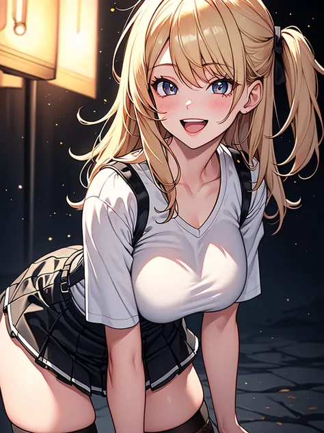  (highest quality, High resolution, perfect pixel, Depth of bounds written, 4K), (detailed face), (1 girl), perfect body, blond hair, (two side up), white t-shirt, (v-neck), (black suspender skirt), (kneehighs), (standing), leaning forward, hand on own kne...