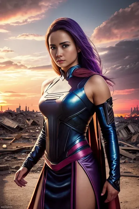 Hayden Panettiere、torn suit、Im wearing a skirt、masterpiece, 1 girl, マーベルのサイロックとしてbeautiful女性, X-Men Psylocke Cosplay、purple suit、Fine and delicate features, Futuristic New York Background, Science fiction, blonde, super heroine, heroic, perfect balance, ph...