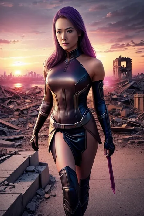 Yvonne Strahovski、torn suit、Im wearing a skirt、masterpiece, 1 girl, マーベルのサイロックとしてbeautiful女性, X-Men Psylocke Cosplay、purple suit、Fine and delicate features, Futuristic New York Background, Science fiction, blonde, super heroine, heroic, perfect balance, ph...