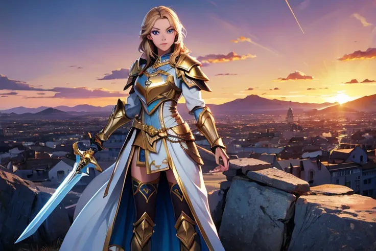 Female, dark blonde hair, light blue eyes, silver and gold armor, gold sword, on a hill, looking at a town, sunset