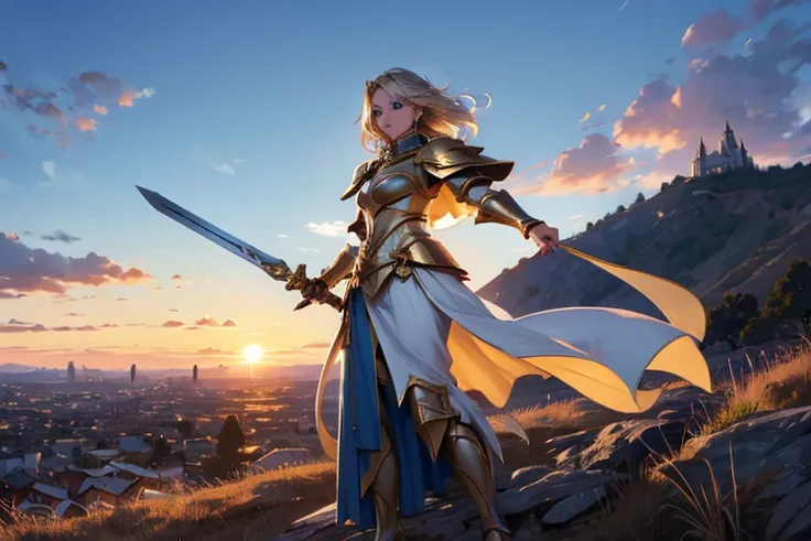 Female, dark blonde hair, light blue eyes, silver and gold armor, gold sword, on a hill, looking at a town, sunset