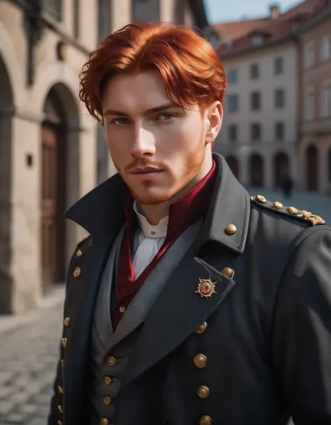 a character photo portrait of a bosnian man with red hair presenting elegant style, military-inspired coat with brass buttons an...