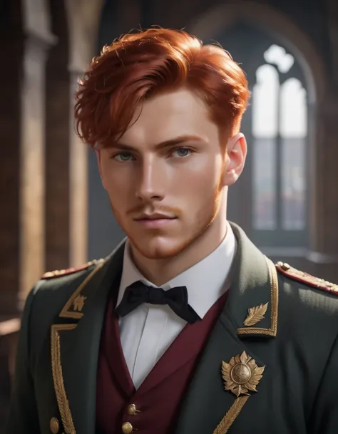 a character photo portrait of a bosnian man with red hair presenting elegant style, military-inspired coat with brass buttons an...