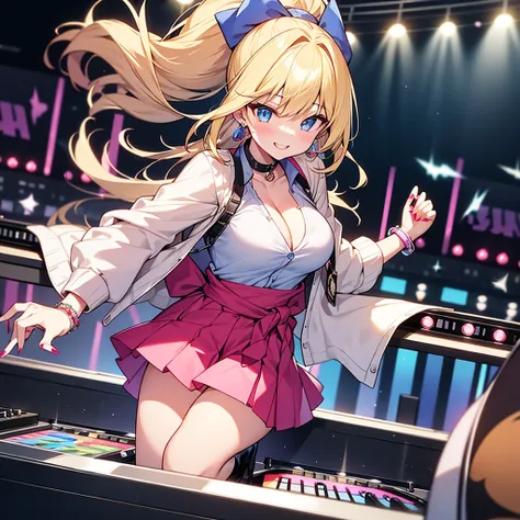 highest quality、blonde、ponytail、slanted eyes、blue eyes、thick eyeliner、pale skin、gal、uniform、wearing a cardigan around the waist、cleavage、Have many ear piercings、bracelet、pink lip、big breasts、short skirt、knee high boots、DJing live、DJ scratch、Beautiful stage...