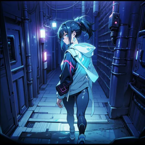 A woman walking, in a  neon alleyway, wearing a , cyberpunk hoodie and pants, close angle view of face, detailed face, high res